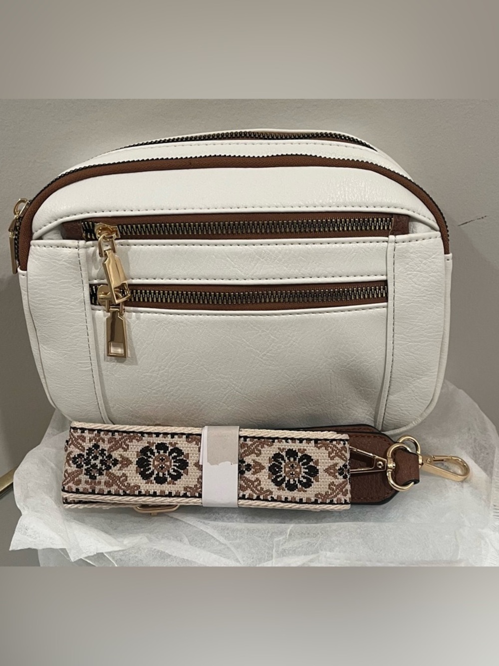 White and Brown Crossbody Bag with Decorative Strap